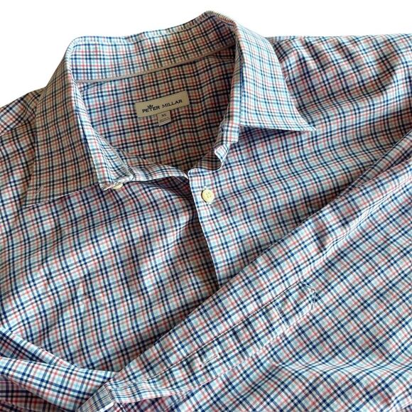 Peter Millar Men’s XL Plaid Button Down Long Sleeve Dress Shirt Blue Red - Picture 2 of 8